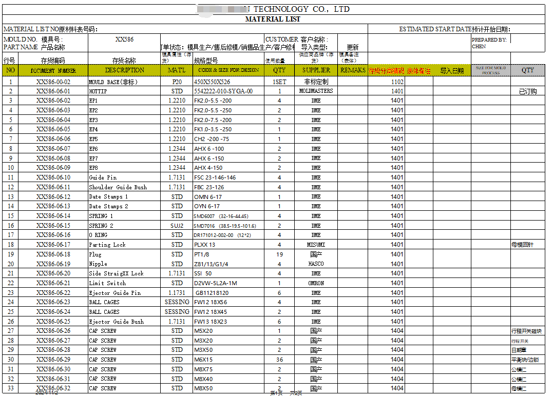 模具標準件清單